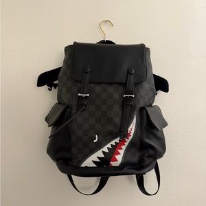 Black and Gray Damier Print Checkered Backpack Shark Design Christopher style